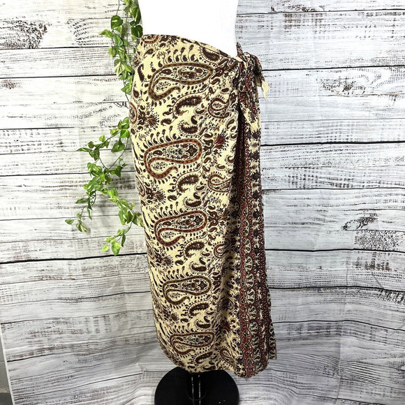 Anne Klein Skirt size 12 Burgundy Brown Silk Paisley Long Faux Wrap Scarf Modest - Picture 2 of 15